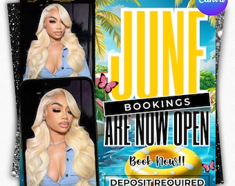 June Booking Flyer, Summer Booking Flyer, June Books Open, June Summer Hair Flyer, June Nails Flyer, June Template Social Media Post