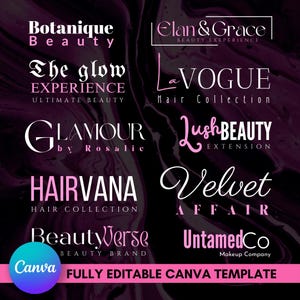 May include: A digital graphic design template featuring various beauty brand logos in white and pink fonts against a dark, marbled background. Logos include "Botanique Beauty," "Elan & Grace," and "La Vogue Hair Collection." The Canva logo is also present.