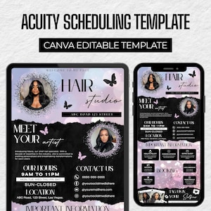 May include: Acuity scheduling template for a hair studio, featuring a Canva editable design. The template includes a tablet and phone display with the text "Hair Studio", artist information, hours, contact details, and booking rules.