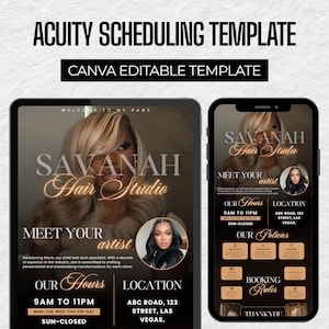 May include: Acuity Scheduling Template with the text "CANVA EDITABLE TEMPLATE." The template features a design for Savannah Hair Studio, showcasing hours, location, and booking rules on a tablet and smartphone.