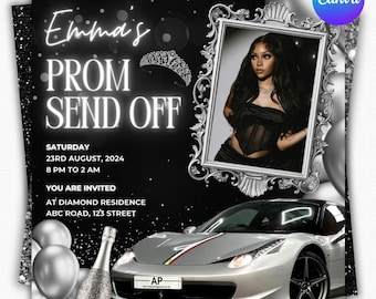 May include: A black and silver invitation with a silver glitter background. The invitation is for a prom send-off party for Emma. The invitation includes a photo of a woman in a black corset top, a silver car, and a bottle of champagne. The text on the invitation reads "Emma's Prom Send Off", "Saturday 23rd August, 2024", "8 PM to 2 AM", "You are invited", "At Diamond Residence", "ABC Road, 123 Street".