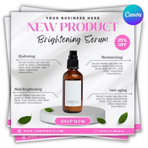 May include: Promotional image for a new product, a brightening serum. The design features a brown bottle on a white pedestal, with text highlighting benefits like hydrating and anti-aging. Includes a 25% off promotion.