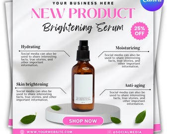 May include: Promotional image for a new brightening serum. The design features a brown bottle on a white pedestal, with text highlighting benefits like hydrating and anti-aging. Includes a 25% off promotion.