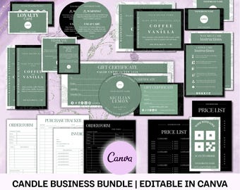 May include: A selection of candle business templates in green, black, and white. Includes loyalty cards, care instructions, gift certificates, order forms, and price lists. The text "CANDLE BUSINESS BUNDLE | EDITABLE IN CANVA" is at the bottom.