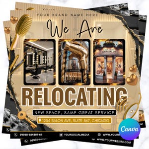 Peut inclure: Flyer promotionnel pour un salon de coiffure en cours de déménagement. Le design présente des accents dorés, des images d'intérieurs de salon et le texte « Nous déménageons ». L'adresse et les coordonnées du salon sont incluses.