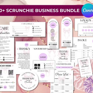Puede incluir: Un conjunto de plantillas comerciales para scrunchies en tonos rosas y morados. Incluye instrucciones de cuidado, tarjetas de agradecimiento, listas de precios, facturas y tarjetas de fidelidad. El logotipo de Canva es visible.