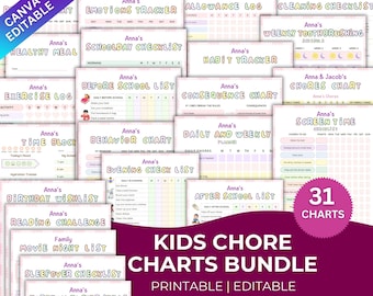 Peut inclure: Un ensemble de 31 tableaux de corvées pour enfants, imprimables et modifiables. Les tableaux comprennent divers trackers, listes de contrôle et planificateurs, tels qu'un suivi des habitudes, une liste de contrôle du temps d'écran et une liste avant l'école. Les tableaux ont un design coloré.