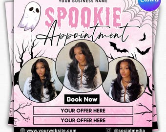 May include: A pink and white Halloween-themed advert with the text "SPOOKIE Appointment." The design includes a ghost, bats, and a spiderweb. Three women with long, dark hair are featured in circular frames. The advert includes a "Book Now" button and space for offers.