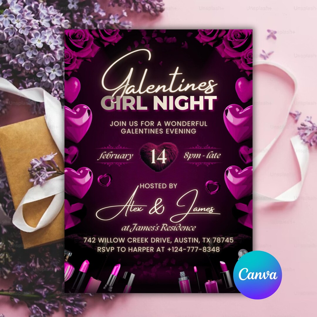 Galentine's Girl Night Invitation | Pink Hearts Canva Template (digital ...