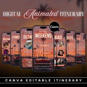 May include: A digital itinerary for a girls' weekend trip to Miami. The itinerary includes details about the trip, including the dates, location, and activities. The itinerary is designed to look like a phone screen and features a sunset background with palm trees.