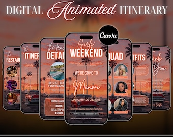 Itinerario de viaje para chicas, invitación animada de fin de semana de cumpleaños, itinerario de viaje editable en Canva, planificador de viaje para ver la puesta de sol en Miami, descarga instantánea.