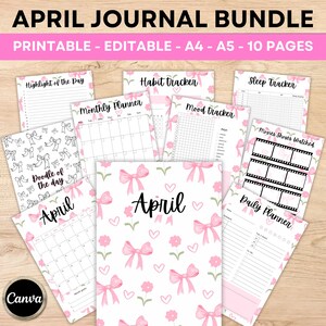 May include: Printable April journal bundle with 10 pages, including a monthly planner, habit tracker, mood tracker, sleep tracker, daily planner, doodle of the day, and movies shows watched. The pages feature a pink and white background with bows and hearts.
