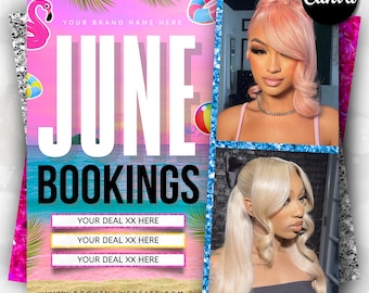 June Booking Flyer, Summer Booking Flyer, June Books Open, Monthly Bookings, Hair Nails Lash Makeup, Canva Template, Editable