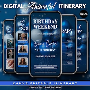 Puede incluir: Una plantilla de itinerario animado digital para un fin de semana de cumpleaños, que se muestra en varios teléfonos inteligentes. El diseño presenta un esquema de color azul y blanco con globos y detalles del evento, incluido el nombre "Emma Carter" y la fecha del 20 al 24 de enero de 2025.