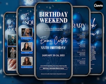 Itinerario de fin de semana de cumpleaños, invitación de cumpleaños animada, itinerario de viaje editable en Canva, planificador de fin de semana de cumpleaños azul, descarga instantánea.