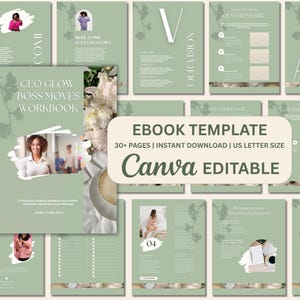 Puede incluir: Una plantilla de libro electrónico digital con un diseño verde salvia y blanco. La portada dice "CEO Glow Boss Moves Workbook" con una foto de una mujer. También se ve el texto "Ebook Template" y "Canva Editable".