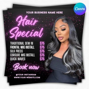 Folleto de lista de precios de cabello DIY, folleto de cabello, venta de pelucas, ofertas de paquetes, plantilla de Canva, frontales, cierres, negocio de extensiones de cabello de lujo, paquetes