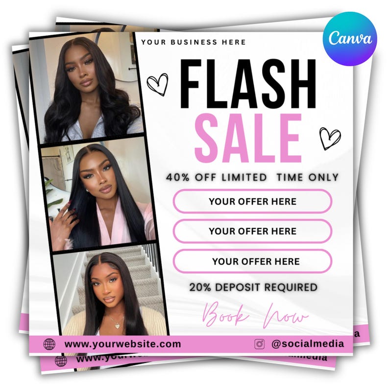 Flash Sale Flyer, Special Deal Flyer, Book Now Flyer, Flash sale, Hair Flyer, Braids, Nail Tech, Lash Tech, MUA, Wig Flyer, Canva Template