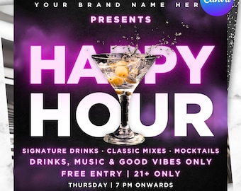 Happy Hour Flyer Template, Editable Canva Bar Drink Specials, Cocktail Night Promo, Lounge Nightclub Social Ad, Instant Download