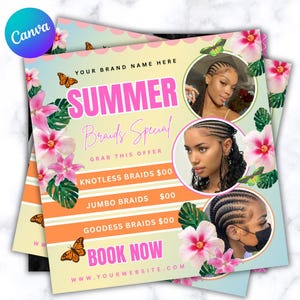 Op de afbeelding: Een kleurrijke flyer die zomerse vlechten specials adverteert. De flyer heeft een tropisch thema met roze bloemen, groene bladeren en vlinders. De tekst luidt "Summer Braids Special" en vermeldt prijzen voor knotless, jumbo en goddess vlechten. De flyer bevat ook een call-to-action om nu te boeken en een websiteadres.