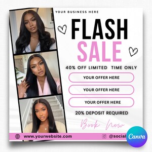 Flash Sale Flyer, Special Deal Flyer, Book Now Flyer, Flash sale, Hair Flyer, Braids, Nail Tech, Lash Tech, MUA, Wig Flyer, Canva Template