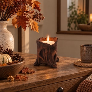 May include: A brown, textured candle holder shaped like a tree stump with a lit white pillar candle inside. The holder has a rough, bark-like exterior and sits on a wooden surface next to a bowl of pinecones and a white vase with autumn leaves.
