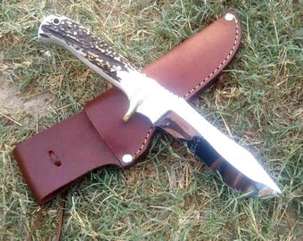 Handmade D2 Steel Hunting Knife: Stag Antler Handle, Leather Sheath