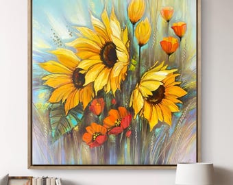 Sunflower Painting, Yellow Flowers Wall Art, Wildflowers Original Impasto Artwork, Bright Floral Textured Canvas, Vibrant Rustic Home Decor