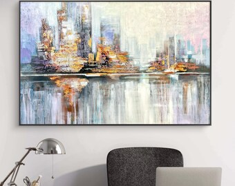 Handmade Painting, Gold and Gray Abstract Cityscape, Metallic Artwork, Large Modern Wall Art, Textured Urban Skyline, Home Decor Living Room