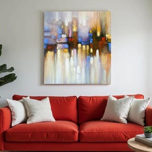 Abstract stadsgezicht, stedelijke muurkunst, moderne kunstwerken, hedendaags huisdecor, getextureerde stadsschildering, grote acrylcanvaskunst