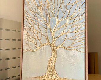 Gold Tree Textured Painting, Original Handmade 3D Artwork, Modern Wall Art, Family Tree, Stylish Gift, Contemporary Home Decor for Room