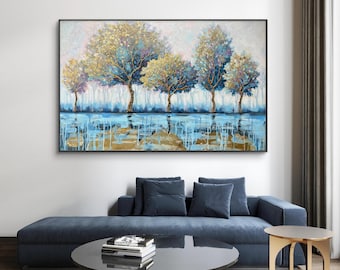 Abstract Textured Trees Canvas – Gold and Blue Modern Landscape Painting, Contemporary Nature Wall Art for Living Room or Bedroom Decor