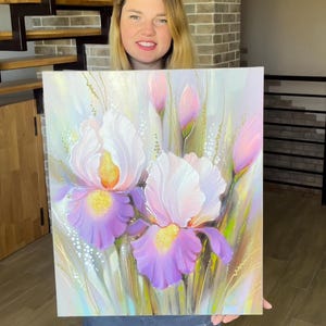 Pintura de íris, arte de parede original com íris roxa texturizada, tela floral, decoração rústica vibrante, arte impressionista para decoração de sala de estar