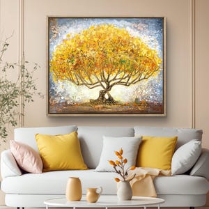 Abstract Painting Golden Tree, Textured Acrylic Painting on Walls, Handmade Rustic Home Decor, Yellow Canvas Painting for Living Room