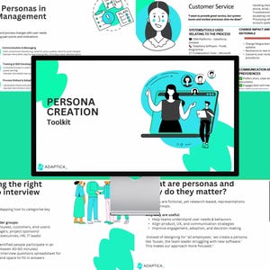 May include: A presentation slide deck with a green and blue colour scheme. The title of the presentation is "Applying Personas in Change Management". The presentation includes a toolkit for persona creation, a section on identifying the right people to interview, and a section on what personas are and why they matter.