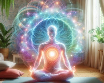 May include: Digital artwork depicting a person meditating in the lotus position on a blue yoga mat. The figure is surrounded by a vibrant aura of light, with a bright orange core. The background includes plants and a window.