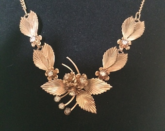 Vintage Floral Bib Necklace with Rhinestones