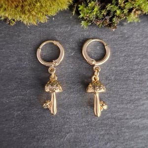Mushroom Huggie Hoops, Gold Plated Woodland Hoop Earrings, Minimalist Nature Jewellery, Tiny Fungi Charm Dangle, Everyday Forest Gift Her