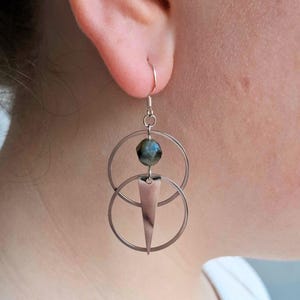 Labradorite Double Hoop Drop Earrings Sterling Silver, Dark Forest Flash Gemstone Dangle, Stacked Circle Nature Jewellery, Woodland Gift