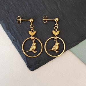 Robin Hoop Stud Earrings, Gold Woodland Bird Jewellery, Minimalist Nature Hoops, Leaf Detail Botanical Earring, Forest Lover Gift For Her UK