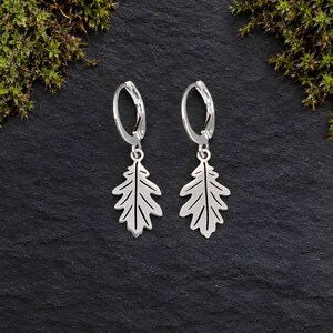 Silver Oak Leaf Hoop Earrings, Handmade Woodland Jewellery, Botanical Huggie Hoops, British Nature Charm Earrings, Forest Gift for Her