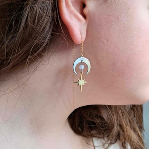 Pendientes colgantes personalizados de estrella y luna, pendientes celestiales de acero inoxidable dorado con opción de piedra preciosa, regalo de joyería inspirada en la naturaleza.