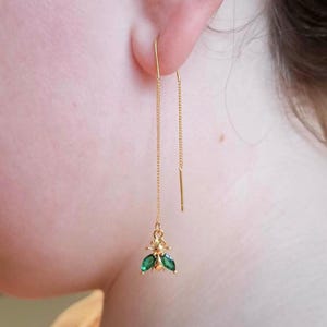 Emerald Beetle Threader Earrings, Green Crystal Insect Pull Through Chain Dangle, Forest Nature Jewellery, Handmade Statement Gift for Her