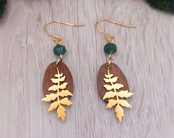 Moss Agate Wooden Drop Earrings, Natural Stone Leaf Jewellery, Handmade Cottagecore Dangle, Grounding Crystal Gift for Her, Forest Style
