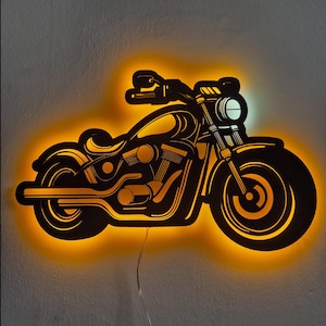Motorcycle Wall Art with LED Light, Handmade Motorcycle Decor, Motorcycle Gift, Garage Wall Art, Wood Wall Art, Gift for Her, Wall Hanging
