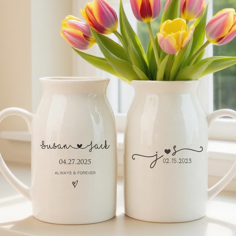 Custom Engraved Wedding Vase, Personalized Bridal Shower Gift, Elegant Ceramic Flower Vase for Newlyweds, Unique Engagement Keepsake