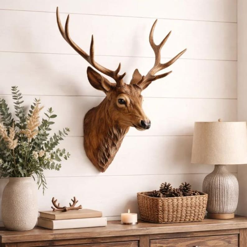 Faux Deer Head Wall Decor 17 Inch, Resin Animal Sculpture With Antlers ...