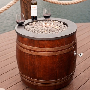 Vineyard Wine Barrel Fire Pit | Outdoor Patio Propane Heater with Wheels & Hammered Metal Top | Hidden Tank Storage | Rustic Backyard Decor