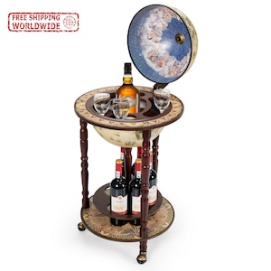 17" Wood Globe Wine Bar Stand 16th Century Italian Rack Liquor Bottle Shelf Cart-3 wheels feet for easy move