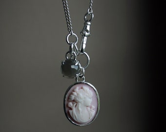 Vintage Pink Shell Cameo, Grey Moonstone and Sterling Silver Necklace  -  ready to ship